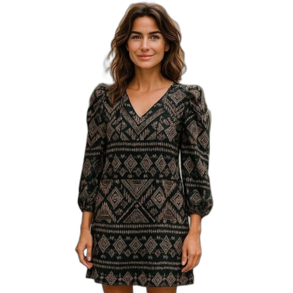 Vince Camuto Sheer Sleeve Geo Print Split Tie Neck Midi Dress Black Tan Sz 12